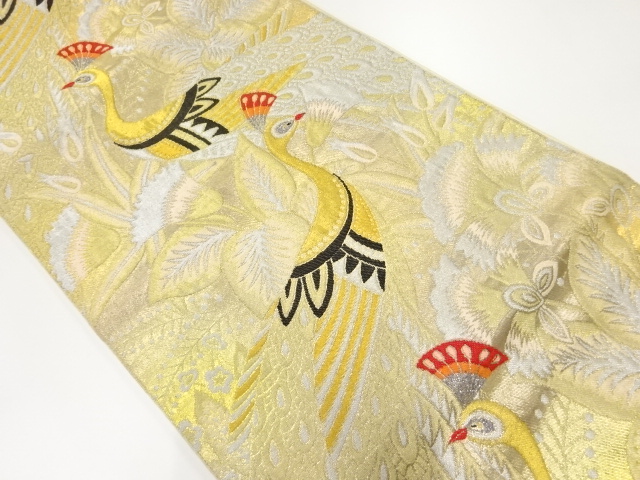 JAPANESE KIMONO / ANTIQUE FUKURO OBI / SILK / WOVEN PEACOCK & FLOWER